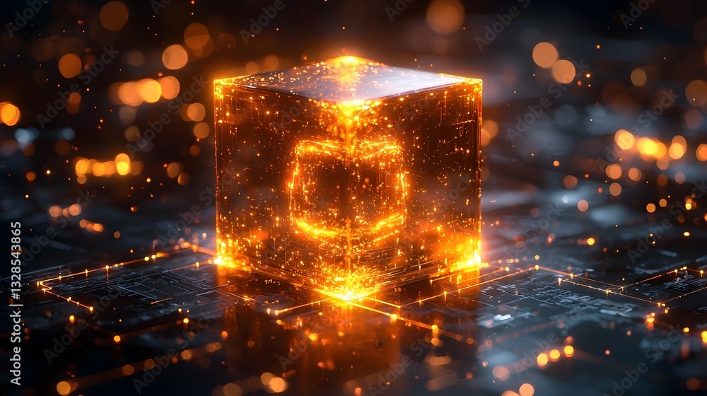 Poster glowing quantum encryption cube surrounded by digital light matrix symbolizing future internet conce