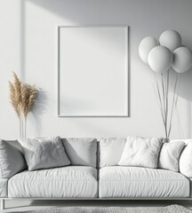 Minimalist white living room with sofa, pampas grass, balloons, and blank frame mockup.