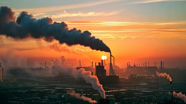 Dichte schwarze Rauchwolken &uuml;ber einer Industrielandschaft als Symbol f&uuml;r Umweltzerst&ouml;rung