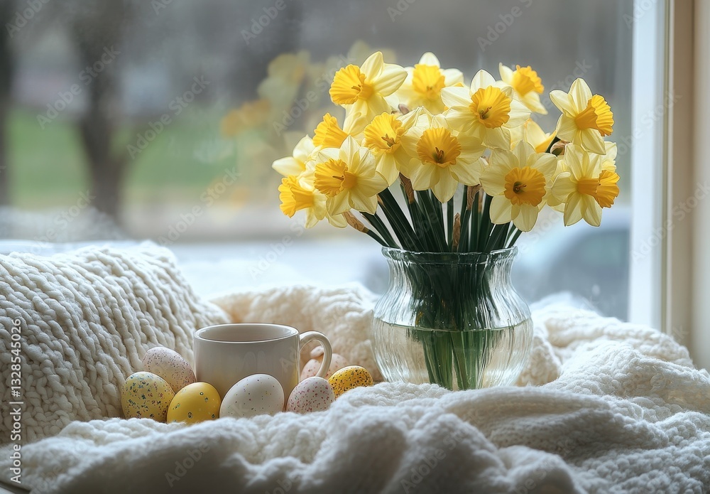 Aufkleber beautiful daffodils in vase by window with soft blanket and colored eggs for spring relaxation and c