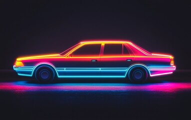 Neon-lit classic car glows in vibrant colors against dark background during nighttime display in an urban setting
