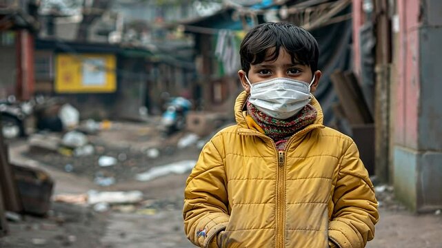 Junge mit Maske in einer verschmutzten Umgebung als Zeichen der Umweltkrise