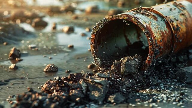 Rostige Metalltonne mit verschmutztem Wasser als Zeichen der Umweltprobleme