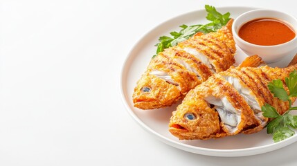 A colorful plate of fried northern thai fish served with an accompanying sauce to enhance the flavor experience