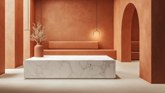 White marble podium in terracotta room, minimalist and inviting.