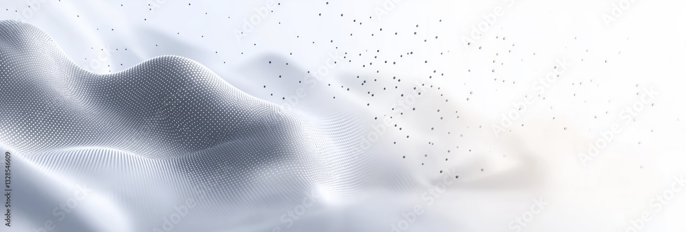 Poster white background with wavy geometric shapes and floating particles creates serene and abstract atmos