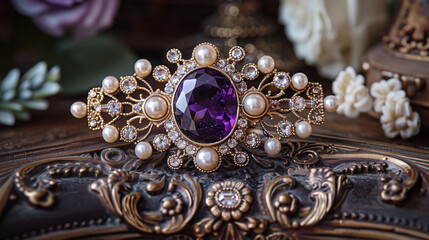 Obraz premium A regal Victorian brooch adorned with amethyst stones and pearl accents, placed on an antique wooden dresser with lace detailing in the background.