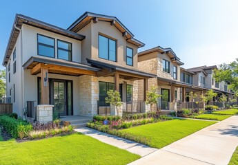 Beautiful modern residential buildings with landscaping and clear sky in a suburban community showcasing architectural design and outdoor living spaces.