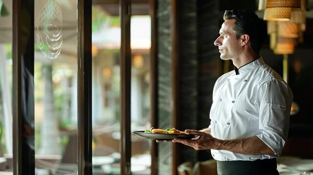 Kellner serviert stilvoll angerichtetes Essen in einem gehobenen Restaurant