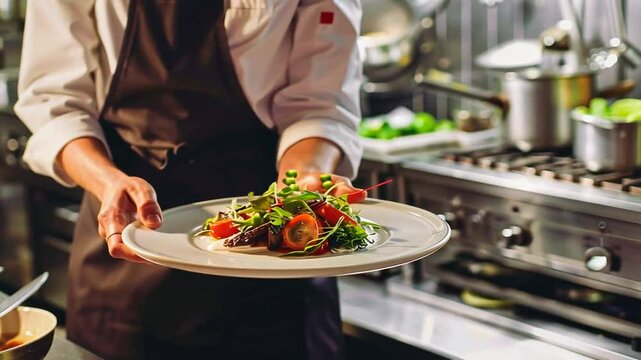 Kellner serviert stilvoll angerichtetes Essen in einer gehobenen Restaurantk&uuml;che