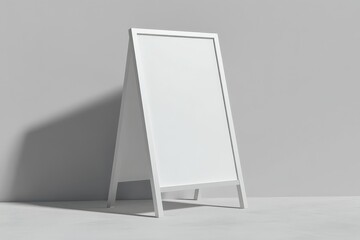 A white A-frame sign with a simple, minimalist design. The frame is made of sleek white metal, set against a clean gray background