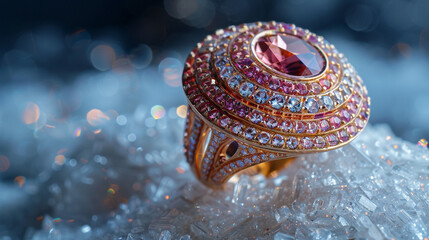 A retro cocktail ring featuring layered concentric circles of pink and clear crystals, captured on a frosted glass base with diffused warm light.