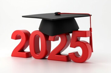 Bold red 2025 numbers with a black graduation cap on top, representing academic achievement and future success