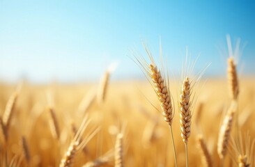 Fototapeta premium Golden wheat field with close-up of ripe stalks swaying under a clear blue sky, symbolizing agriculture and harvest