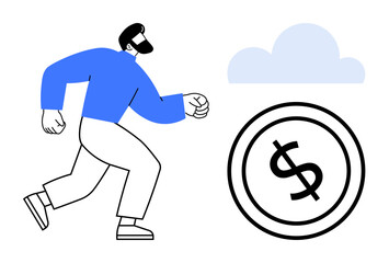 Person in motion with a dollar coin and cloud in the background. Ideal for finance, goals, motivation, savings, investments, career success, personal growth. Flat simple metaphor