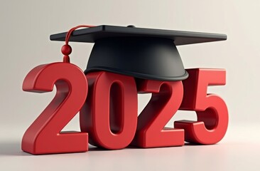 Bold red 2025 numbers with a black graduation cap and red tassel, celebrating academic success and the completion of studies