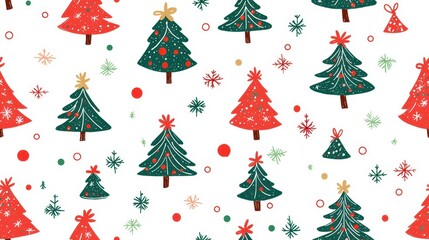 Obraz premium Colorful Christmas Trees and Snowflakes on White Background