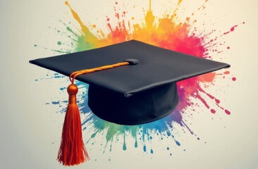 Black graduation cap with an orange tassel floating in front of a vibrant paint splash background, symbolizing creativity and academic success