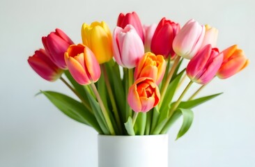Fototapeta premium Yellow, red, white tulips on a white background.