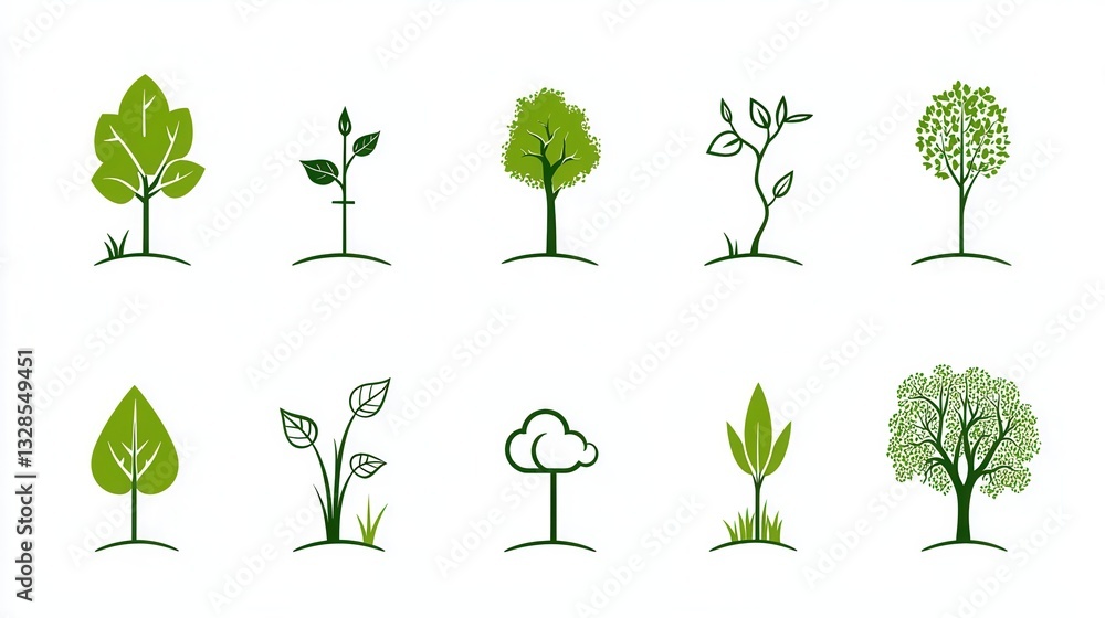 Aufkleber a set of minimalist outline style icons representing various plants trees and environmental elements