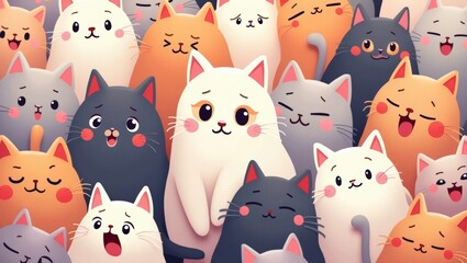 A vibrant collection of cartoon cat characters, each showcasing unique poses and emotions. The simple, flat color design adds a touch of charm to the characters, highlighting their individual personal