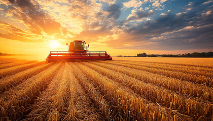 Fototapeta premium Harvesting wheat field at sunset