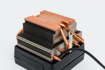 Copper heat sink or heat pipe, computer processor cooler with radiator.