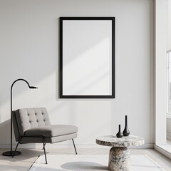 Contemporary living space with blank black poster frame and marble coffee table, elegant armchair for modern interior design concepts.
