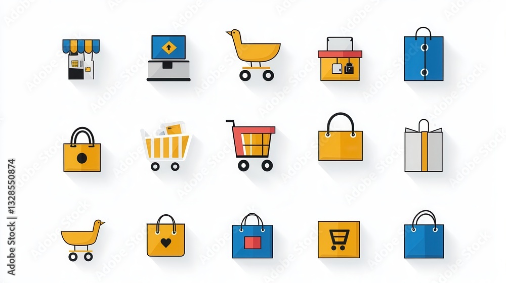 Poster a set of stylized icons representing various elements of the shopping experience including payment m
