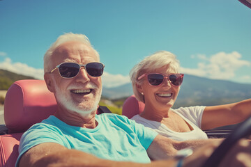 Happy elderly couple driving a convertible on a scenic road trip. Freedom, adventure, and summer vibes captured in a stylish travel moment. Lifestyle, vacation, and outdoor concepts