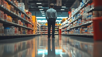 Obraz premium A man stands alone in a grocery store aisle, surrounded by various products, reflecting a moment of contemplation.