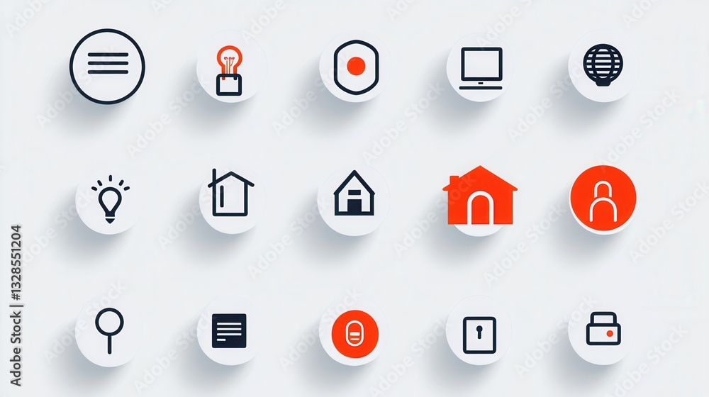 Poster a set of simple outline style icons depicting various smart home automation and control features suc