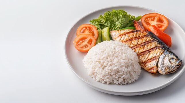 Tasty plate of rice accompanied by grilled mackerel and colorful vegetables with authentic nam prik kapi sauce