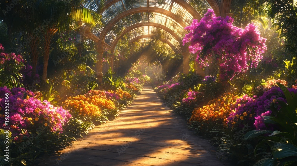 Poster a serene garden path adorned with vibrant flowers, illuminated by soft sunlight filtering through a 