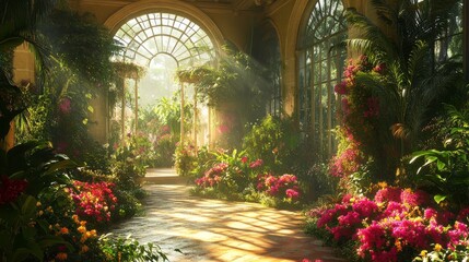 Fototapeta premium A vibrant greenhouse filled with colorful flowers and lush greenery, illuminated by soft sunlight filtering through ornate windows.