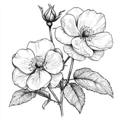 Fototapeta premium Detailed Black and White Sketch of Beautiful Flowers with Buds and Leaves in Elegant Botanical Illustration Style