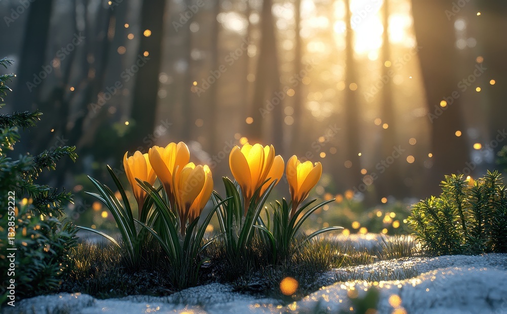 Poster beautiful yellow crocuses blooming in snow with sunlight filtering through forest trees creating a m