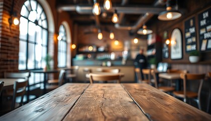 Rustic Wooden Table in a Cozy Cafe Setting with Warm Lighting
