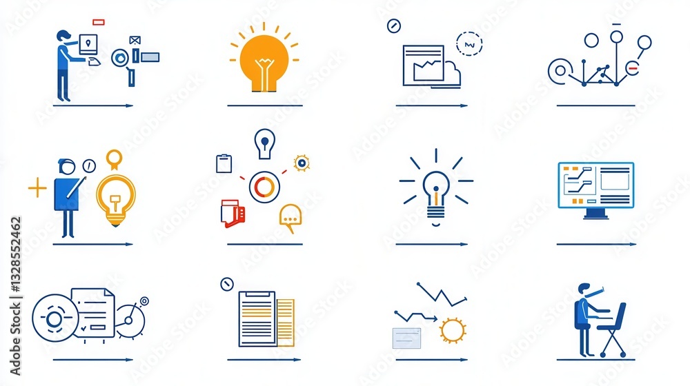 Poster a set of workflow outline icons illustrating various data analysis and business technology concepts 