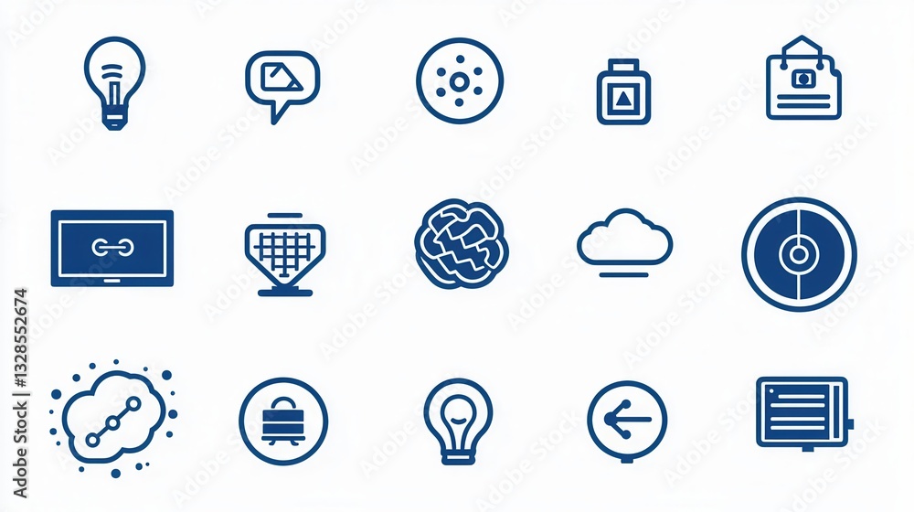 Poster collection of modern line icons representing various aspects of intelligence including data learning