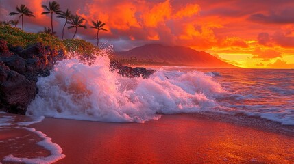 Naklejka premium Sunset waves crash on shore maui landscape photography tropical paradise dramatic view nature's beauty