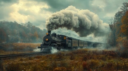 Naklejka premium A vintage steam train travels through a scenic landscape, emitting smoke against a moody, cloudy sky, surrounded by autumn foliage.