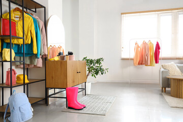 Interior of hallway with mirror, clothes rack and gumboots