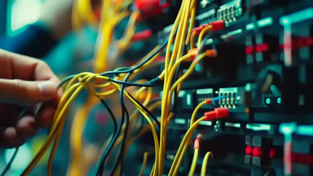 Close-up of hands managing colorful cables in a data center with blinking servers in the background