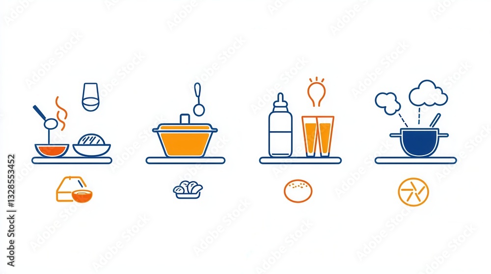 Poster a set of modern minimalist icons representing various elements of catering and professional food ser