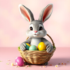 Adorable cartoon bunny with long ears holding a basket brimming with colorful Easter eggs, against a soft and cheerful pastel background. Happy Easter