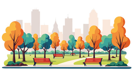 Colorful park with benches and trees against a city skyline