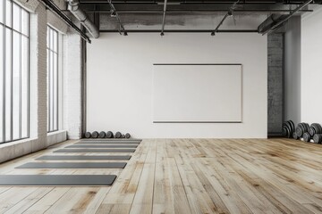 Minimalist yoga studio interior with blank poster.
