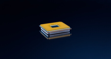 Pin side of CPU Central Processing Unit or microchip computer isolated on dark blue background.