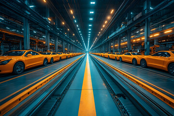 Yellow Cars on Assembly Line in Factory